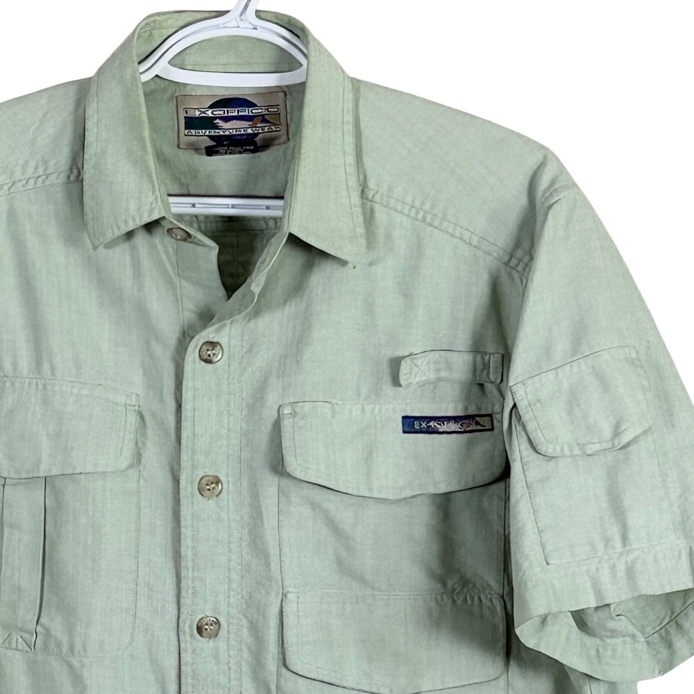 Vintage ExOfficio Button Down Shirt Mens S Sage Green Short Sleeve Utility read